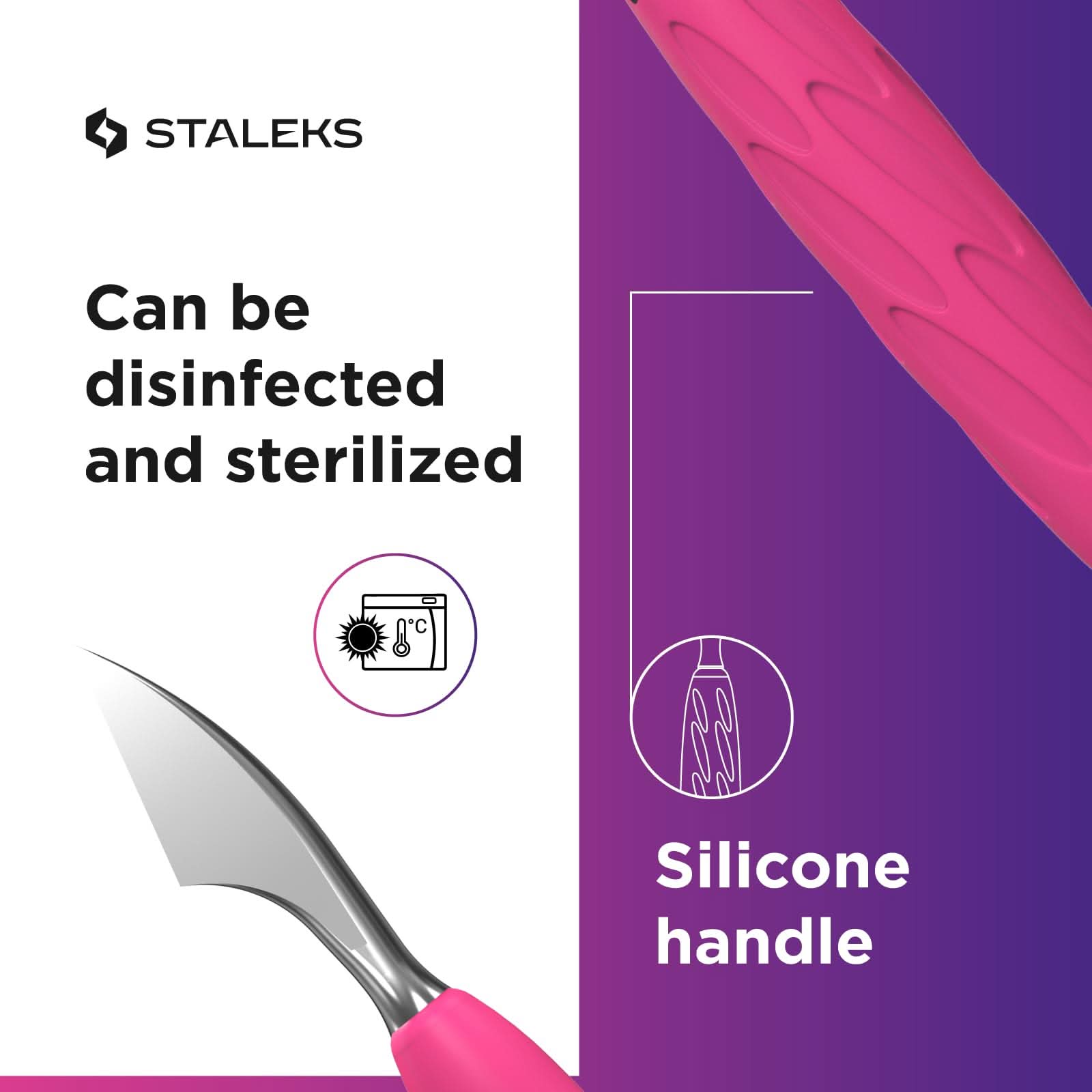 Staleks Manicure pusher Gummy with silicone handle UNIQ 10 TYPE 3 – Stainless Steel – Professional Cuticle Tool (rounded narrow pusher and cleaner)
