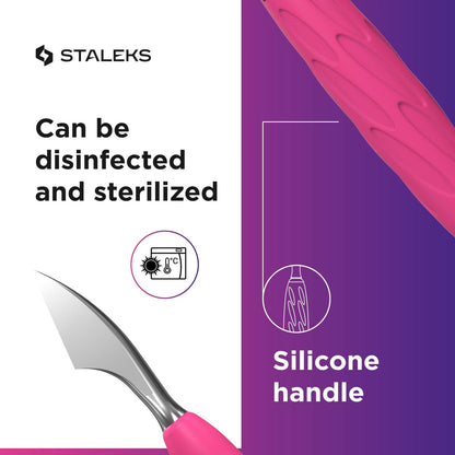 Staleks Manicure pusher Gummy with silicone handle UNIQ 10 TYPE 3 – Stainless Steel – Professional Cuticle Tool (rounded narrow pusher and cleaner)