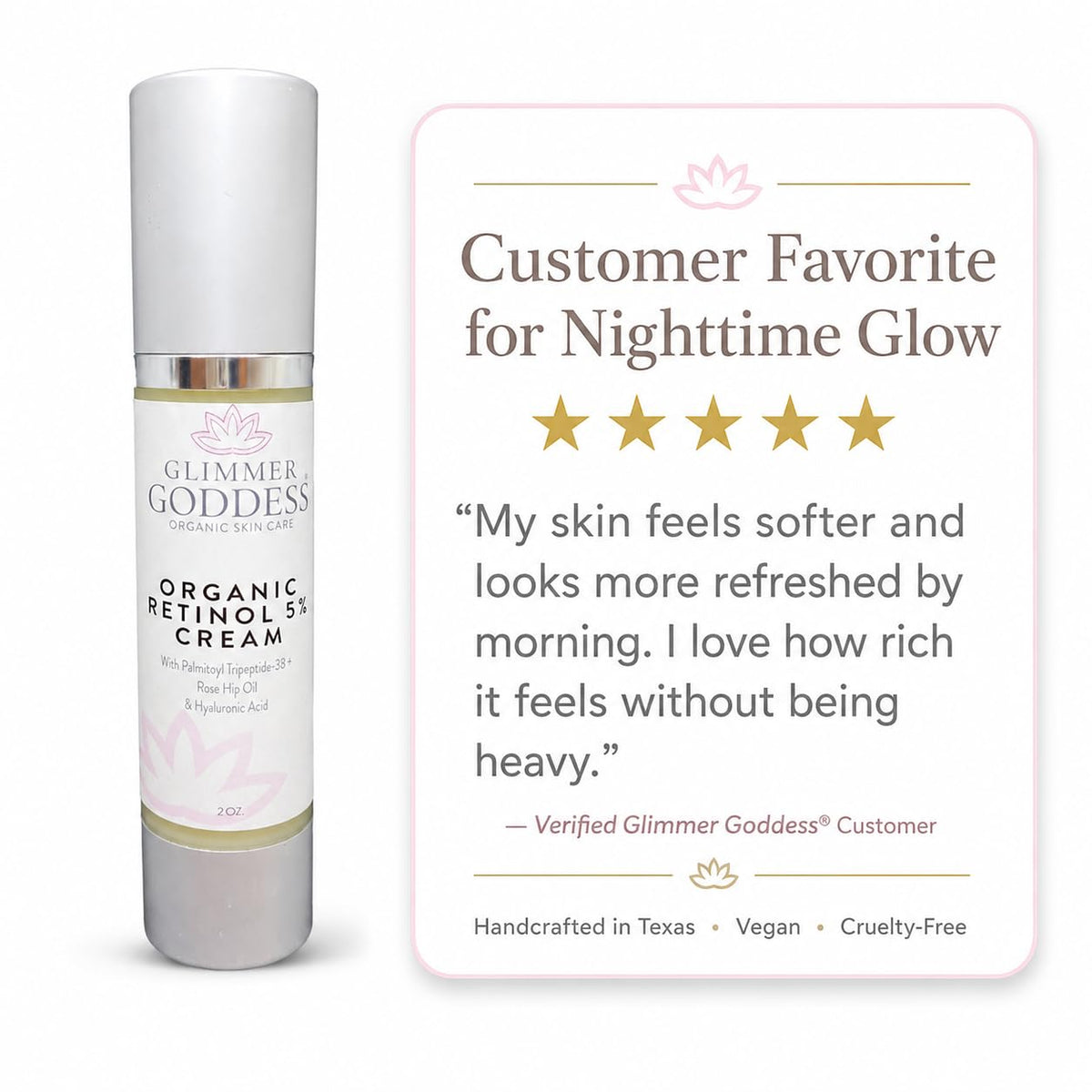 GLIMMER GODDESS Organic Retinol Wrinkle Repair Face and Neck Cream, 2 oz