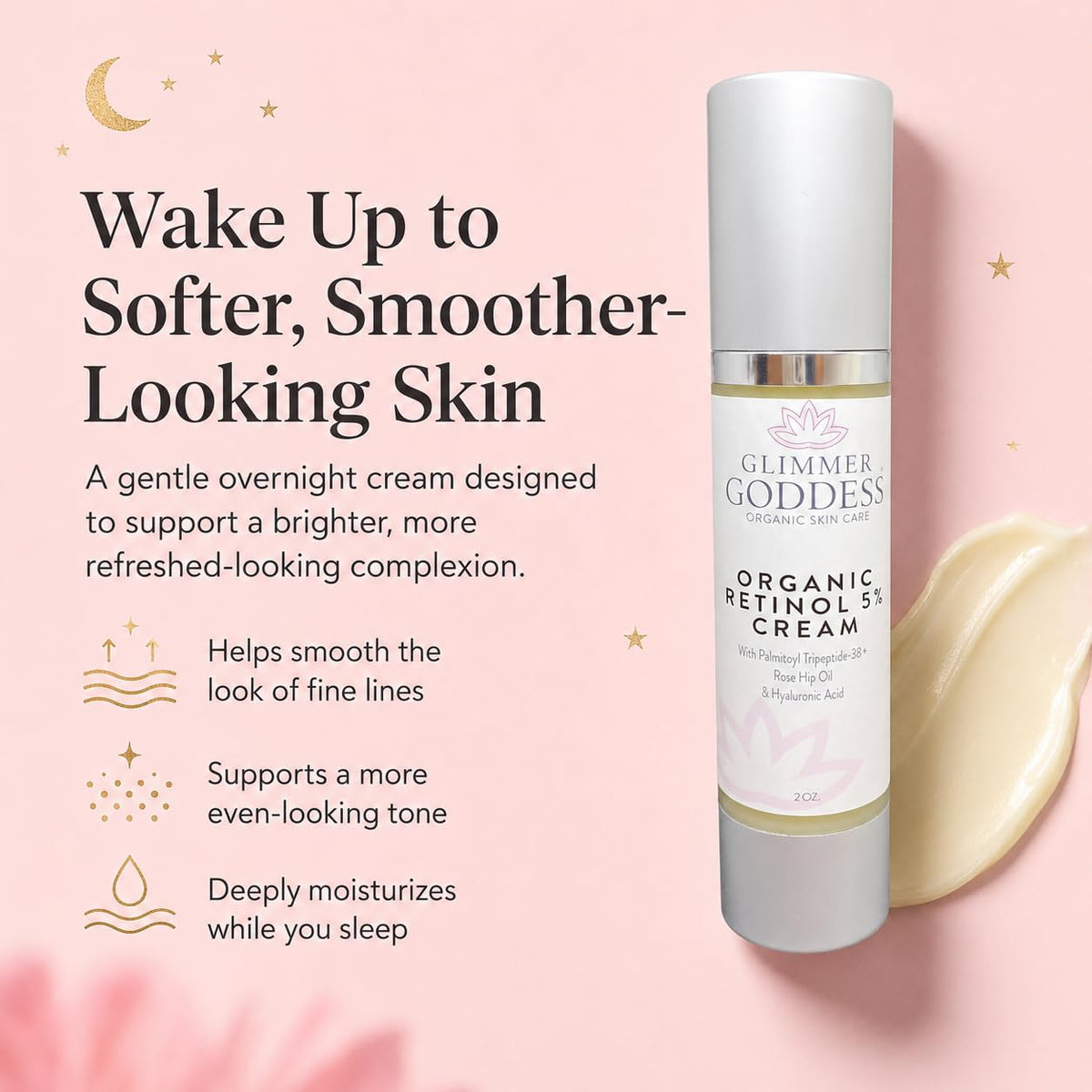 GLIMMER GODDESS Organic Retinol Wrinkle Repair Face and Neck Cream, 2 oz