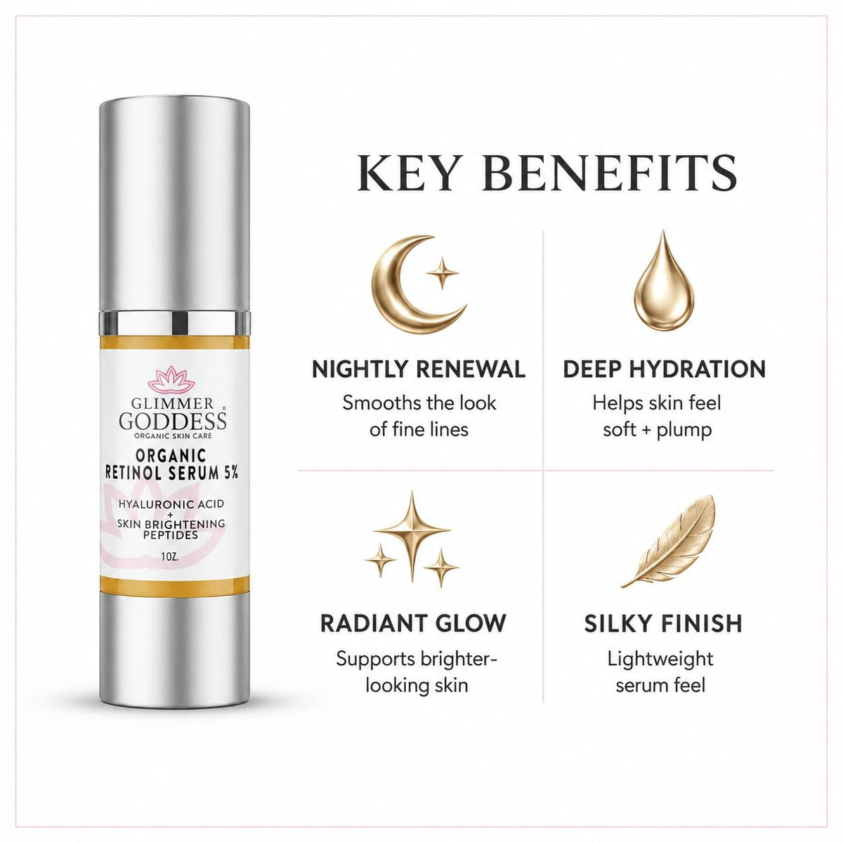 Glimmer Goddess Organic Retinol Serum 5% with Hyaluronic Acid & Squalane 1 oz (SEASONAL)