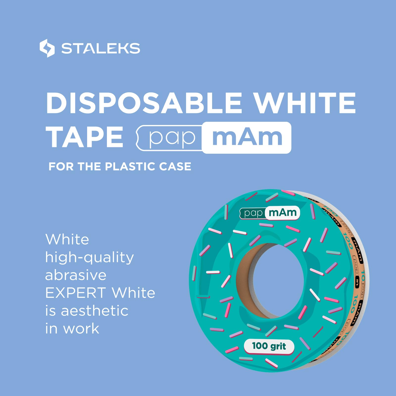 STALEKS PRO Disposable White Abrasive Tape papmAm Expert – 100 Grit – 7m Roll – Glueless Replaceable Abrasive for Plastic Case – Professional Nail Shaping – Manicure & Pedicure
