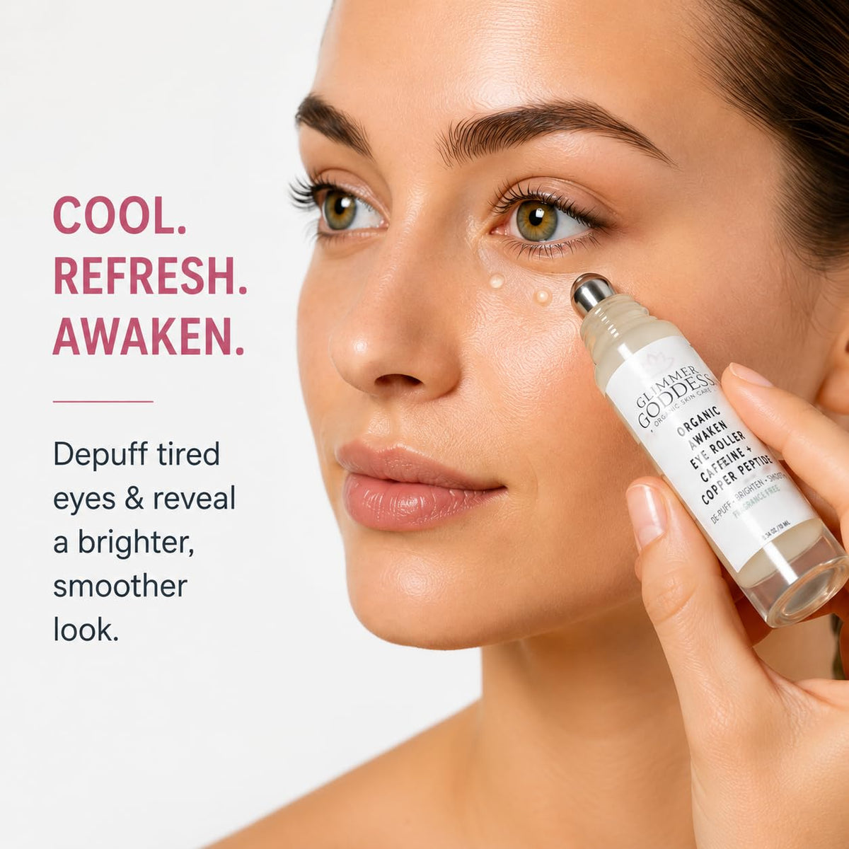 Glimmer Goddess Awaken Eye Ritual Under Eye Roller with Caffeine, Copper Peptide, Niacinamide and Hyaluronic Acid for Puffiness and Dark Circles, Fragrance-Free, Stainless Steel