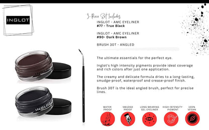 INGLOT AMC Eyeliner Gel Bundle | GEL 77 + GEL 90 + 30T Brush