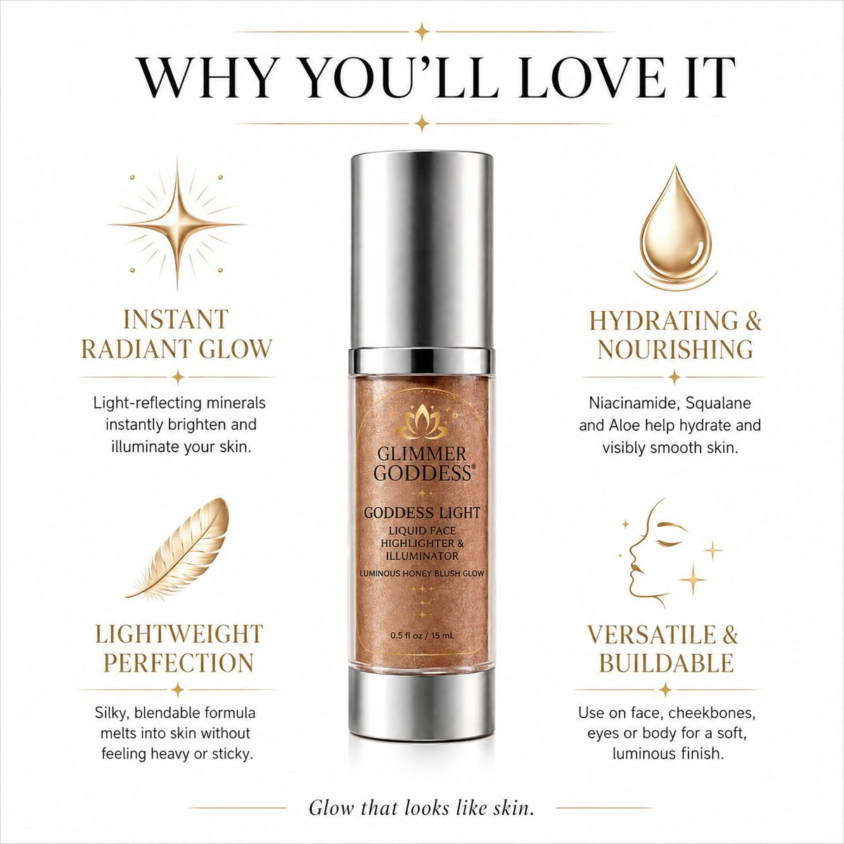 Glimmer Goddess Liquid Face Highlighter, Sheer Champagne-Gold Luminous Finish, for All Skin Tones, Buildable Illuminating Glow 15ML