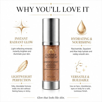 Glimmer Goddess Liquid Face Highlighter, Sheer Champagne-Gold Luminous Finish, for All Skin Tones, Buildable Illuminating Glow 15ML