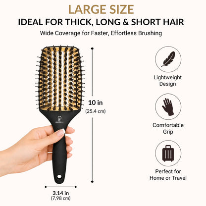 Curved Vented for Blow Drying - Boar Bristle Brush with Comfortable Handle - Soft Bristle Brush for Thick and Fine Hair - Natural Boar Bristles for Women, Men & Kids - Grey