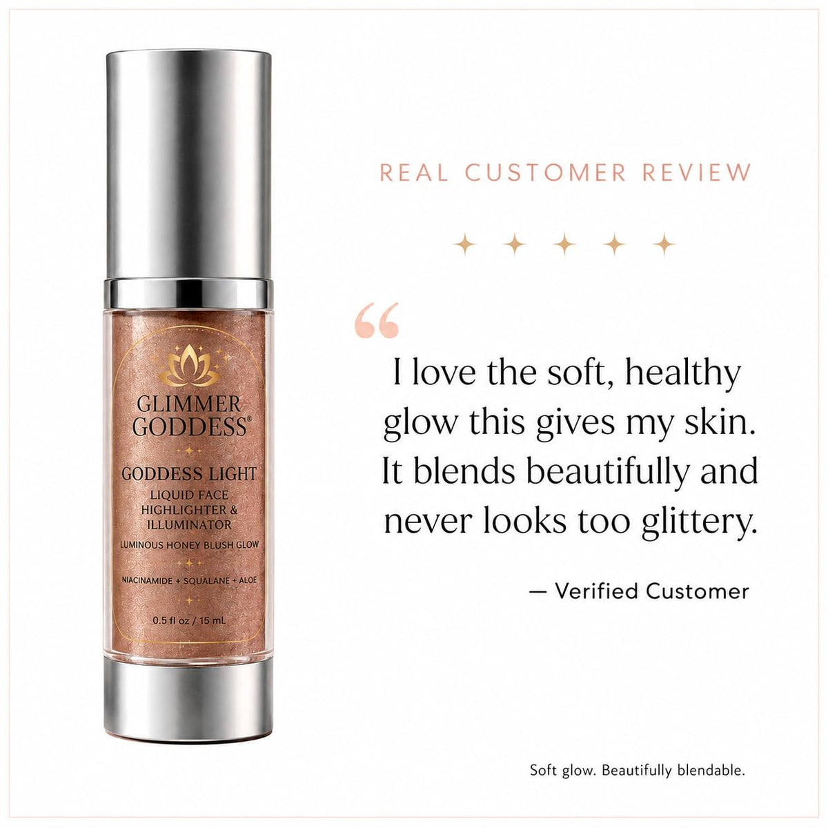 Glimmer Goddess Liquid Face Highlighter, Sheer Champagne-Gold Luminous Finish, for All Skin Tones, Buildable Illuminating Glow 15ML