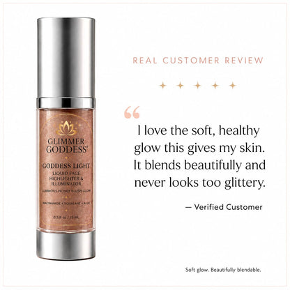 Glimmer Goddess Liquid Face Highlighter, Sheer Champagne-Gold Luminous Finish, for All Skin Tones, Buildable Illuminating Glow 15ML