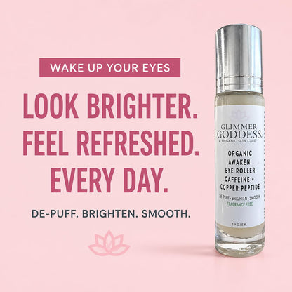 Glimmer Goddess Awaken Eye Ritual Under Eye Roller with Caffeine, Copper Peptide, Niacinamide and Hyaluronic Acid for Puffiness and Dark Circles, Fragrance-Free, Stainless Steel