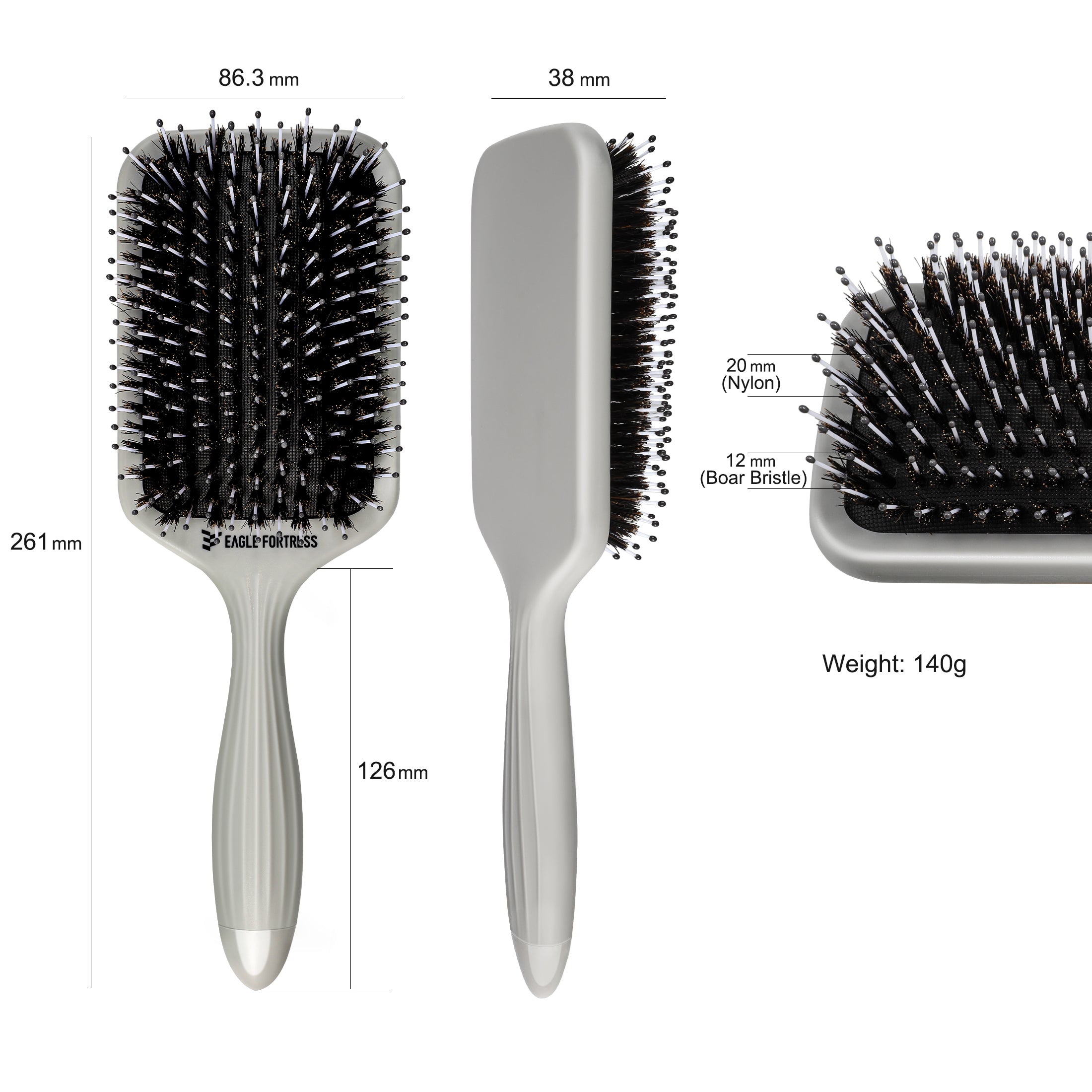 Eagle Fortress Professional Boar Bristle Paddle Brush - Grey