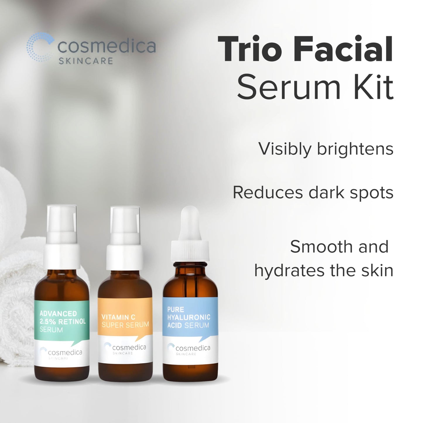 Cosmedica Skincare Facial Serum Trio Set – Vitamin C Serum, 2.5% Retinol Serum & Hyaluronic Acid Serum for Face – Anti Aging, Brightening & Hydrating Skincare – Reduce Wrinkles & Dark Spots – Vegan, Cruelty Free (3 x 1oz)