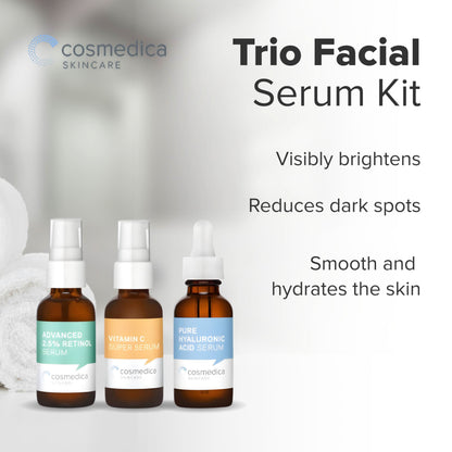 Cosmedica Skincare Facial Serum Trio Set – Vitamin C Serum, 2.5% Retinol Serum & Hyaluronic Acid Serum for Face – Anti Aging, Brightening & Hydrating Skincare – Reduce Wrinkles & Dark Spots – Vegan, Cruelty Free (3 x 1oz)