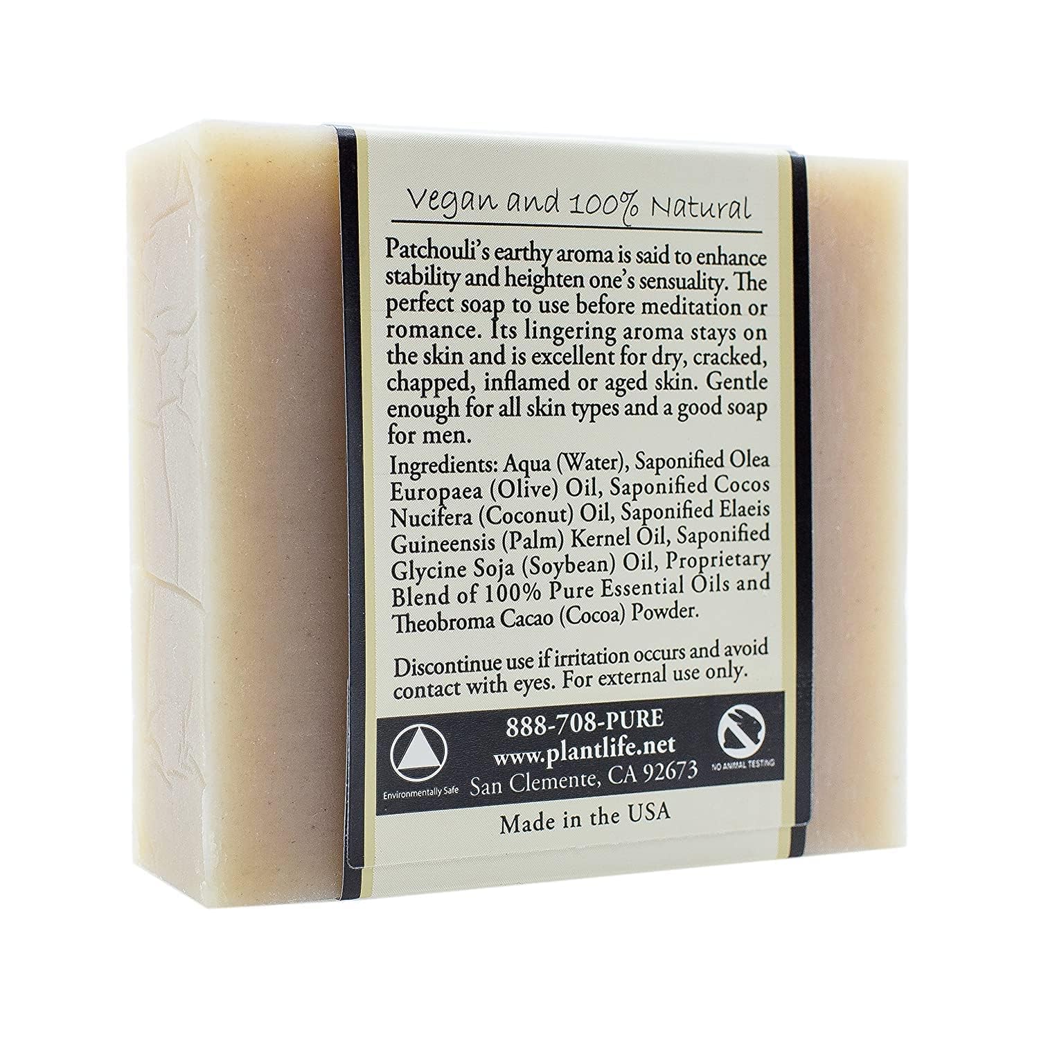 Plantlife Patchouli - Moisturizing and Soothing Soap for Your Skin - Hand Crafted Using Plant-Based Ingredients - Made in California 4oz Bar