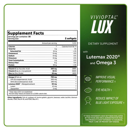 Vivioptal Lux 60 Softgels, Omega 3, Zinc, and Vitamin C & E, Multivitamin & Multimineral, Gluten Free, German Formula