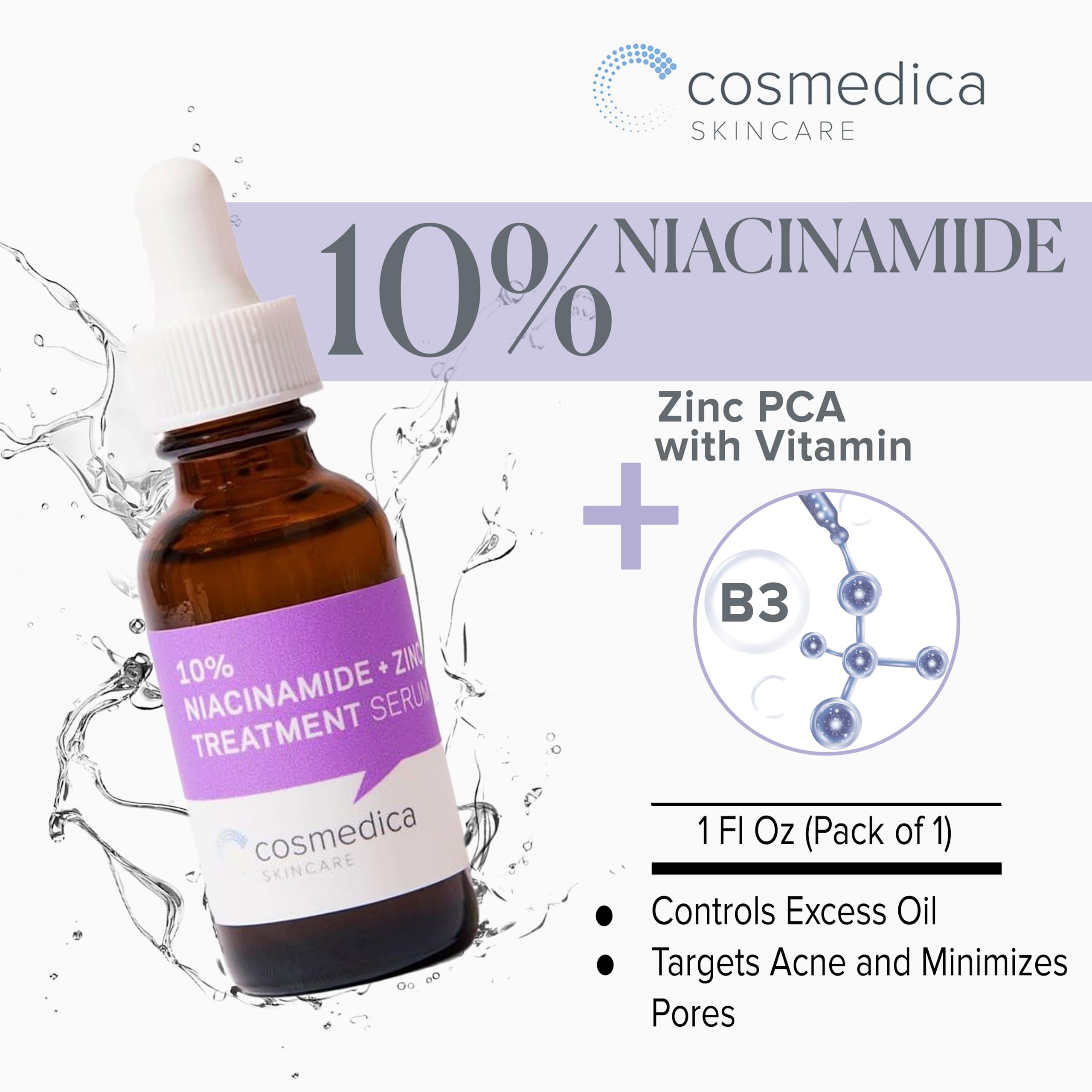 Cosmedica Skincare Niacinamide + Zinc Treatment Serum with Hyaluronic Acid, 1 oz