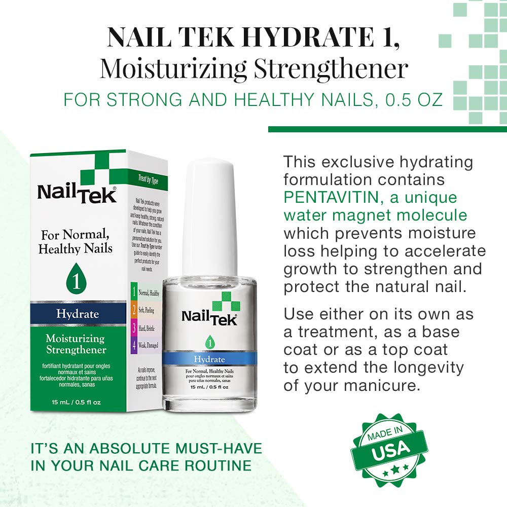 Nail Tek Hydrate 1 Moisturizing Strengthener for Strong Healthy Nails Nourish Protect from Chips Splits Peeling and Breakage 0.5 oz