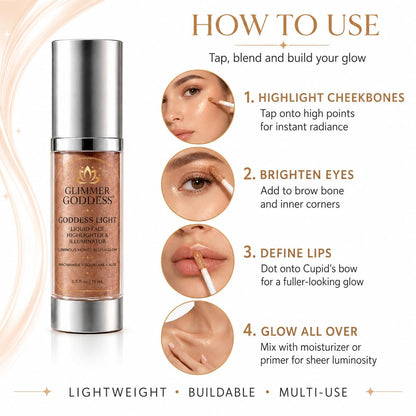 Glimmer Goddess Liquid Face Highlighter, Sheer Champagne-Gold Luminous Finish, for All Skin Tones, Buildable Illuminating Glow 15ML
