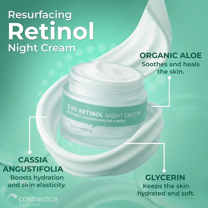 Cosmedica 2.5% Retinol Night Cream - Anti-Aging Face Moisturizer, 1.7 oz