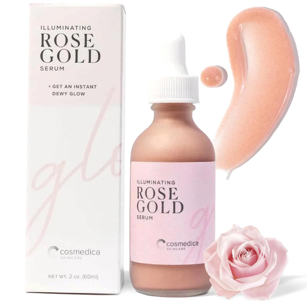 Cosmedica Rose Gold Glow Serum Elixir for Face - Illuminating Primer, 2oz