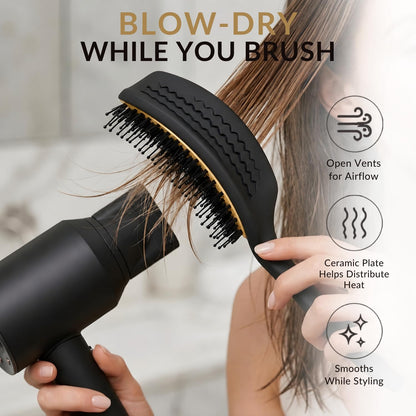 Curved Vented for Blow Drying - Boar Bristle Brush with Comfortable Handle - Soft Bristle Brush for Thick and Fine Hair - Natural Boar Bristles for Women, Men & Kids - Grey