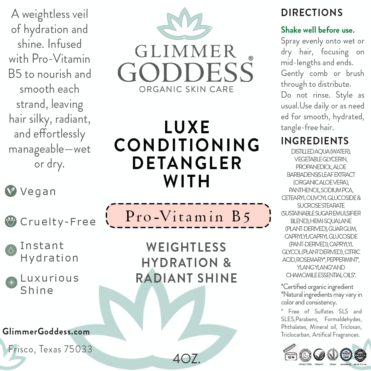 GLIMMER GODDESS Luxe Pro-Vitamin B5 Leave-In Conditioner & Detangler Spray