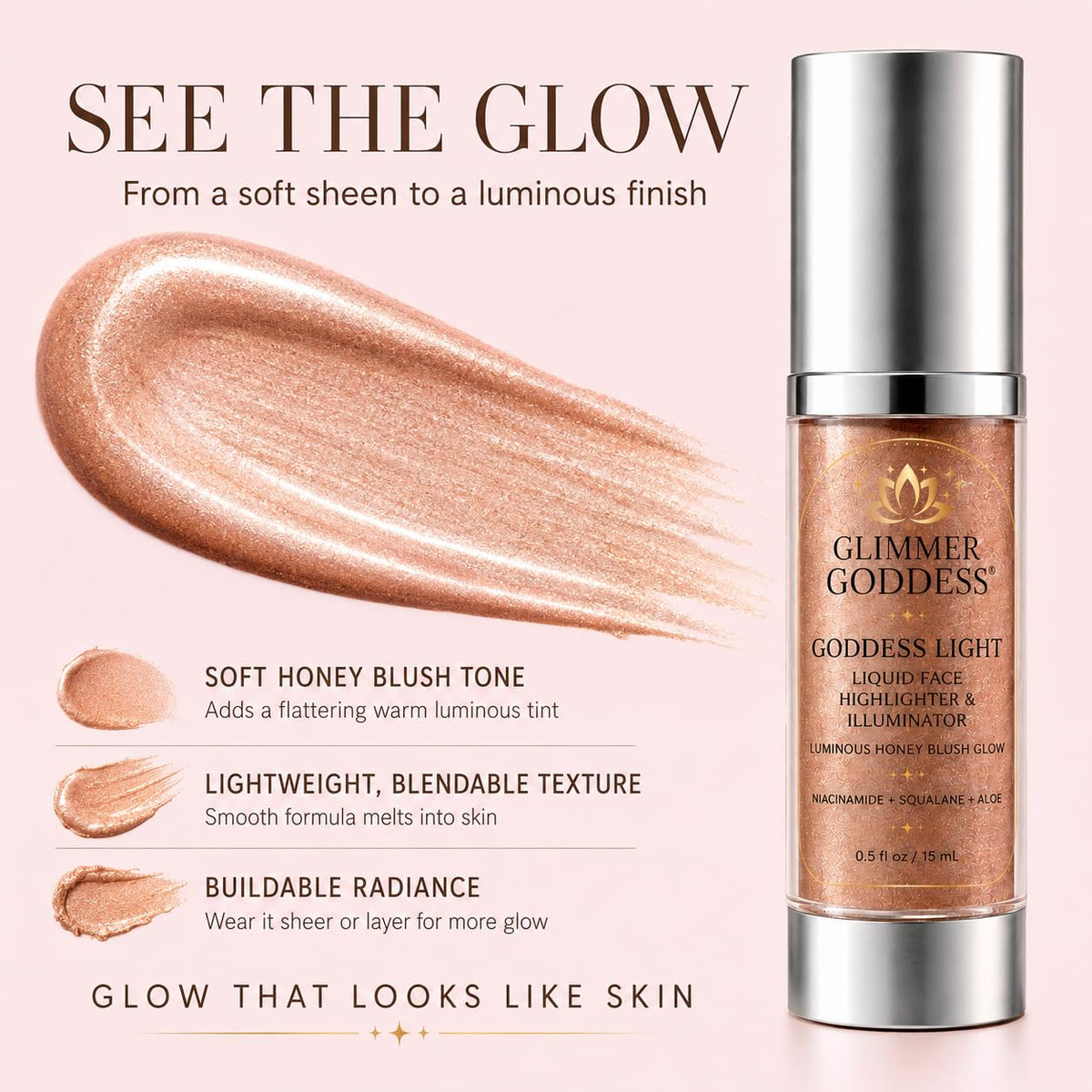 Glimmer Goddess Liquid Face Highlighter, Sheer Champagne-Gold Luminous Finish, for All Skin Tones, Buildable Illuminating Glow 15ML