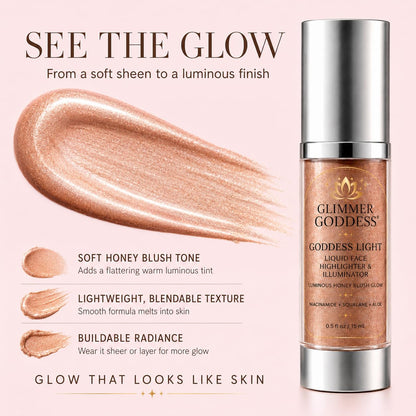 Glimmer Goddess Liquid Face Highlighter, Sheer Champagne-Gold Luminous Finish, for All Skin Tones, Buildable Illuminating Glow 15ML