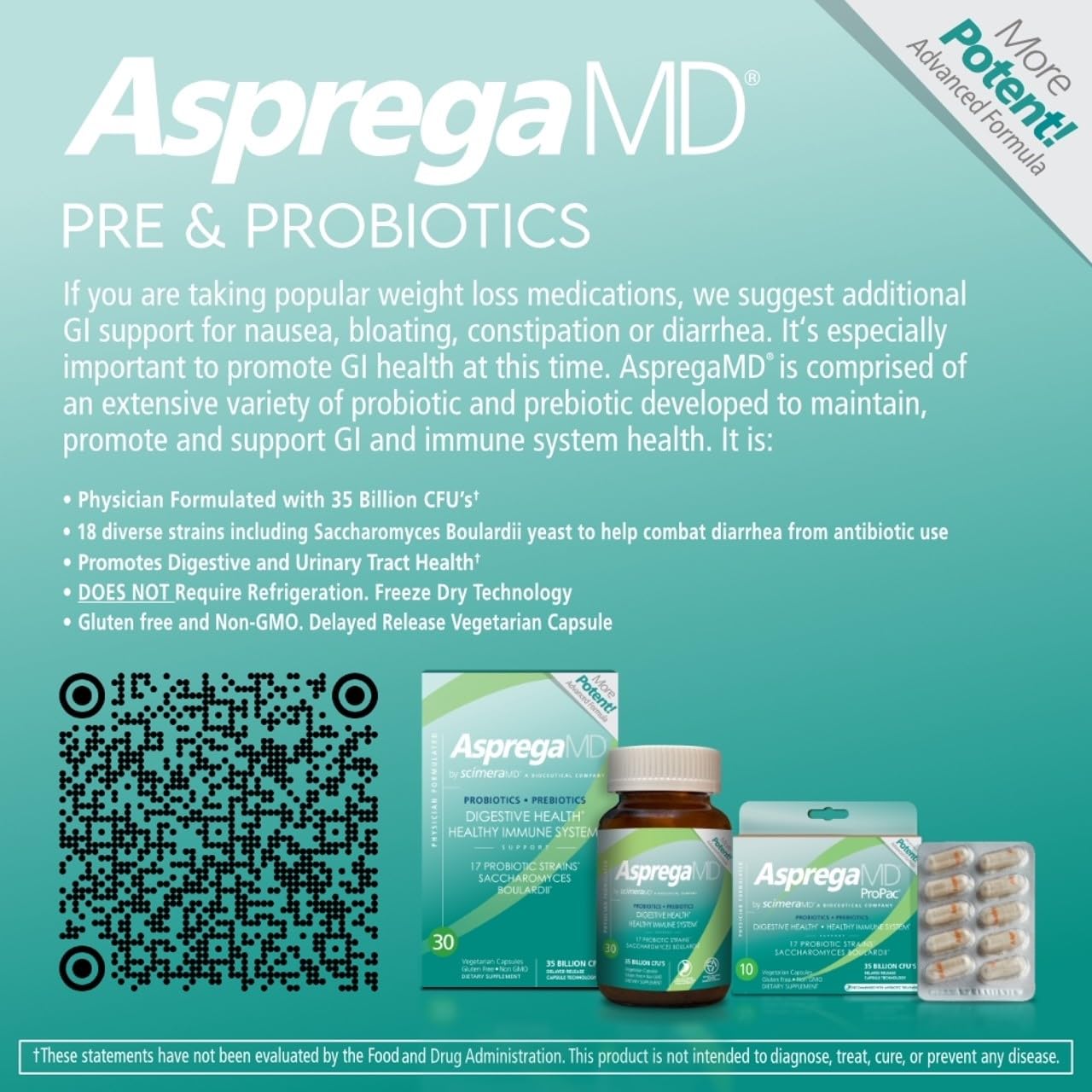 Scimera MD® Asprega Probiotic + Prebiotic Supplement for Digestive Health and Immune System Support, 35 Billion CFUs