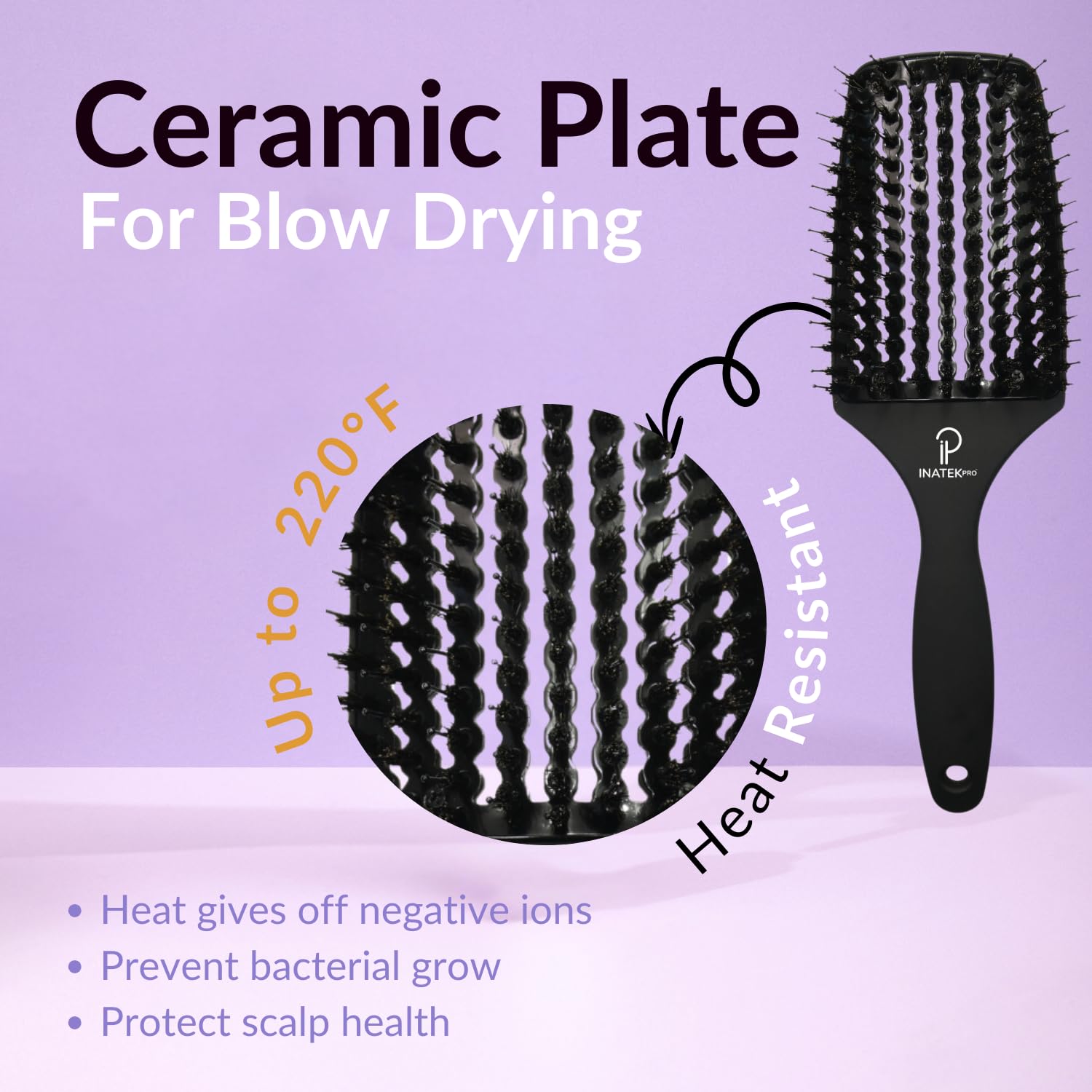 INATEKPRO Curved Vented Boar Bristle Detangler Brush - Black | LARGE