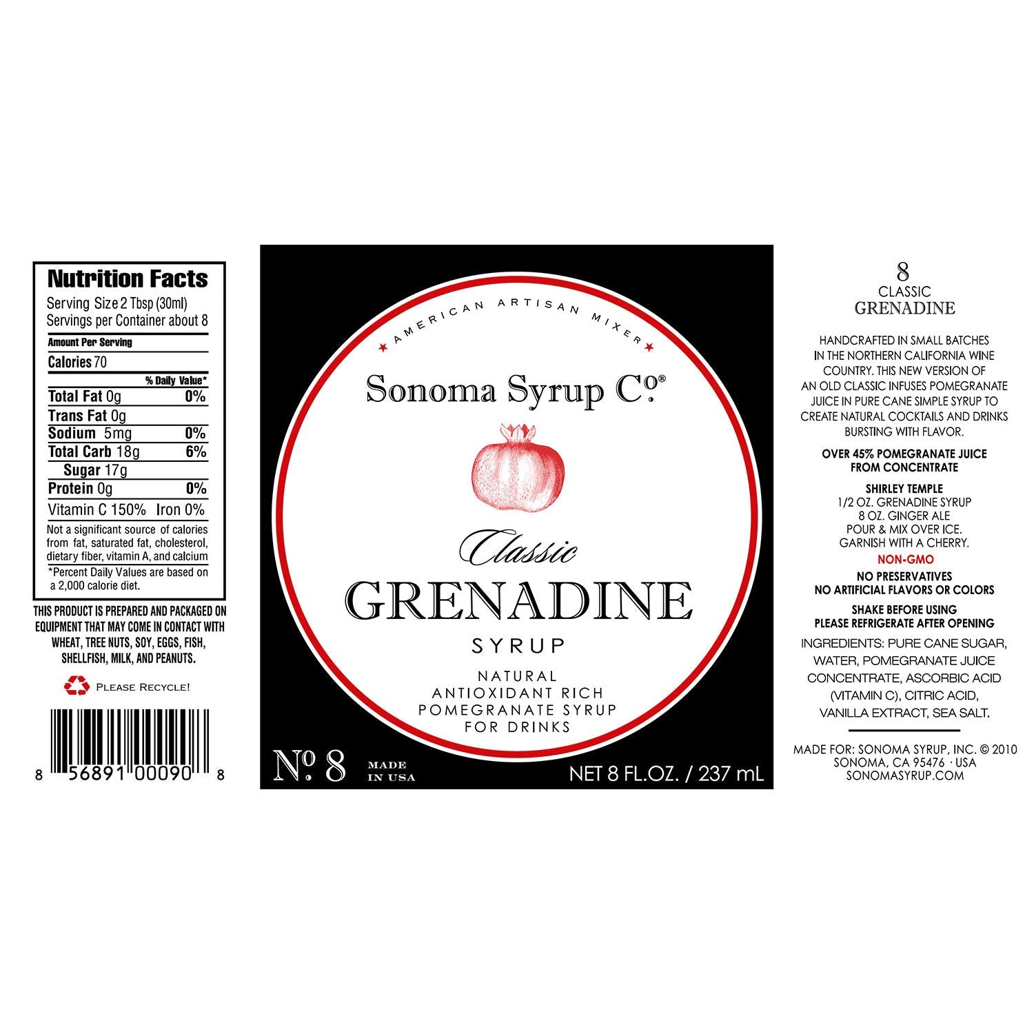 Sonoma Syrup Co Grenadine Syrup 8 Fl Oz for Shirley Temples, Cocktails, and Beverages