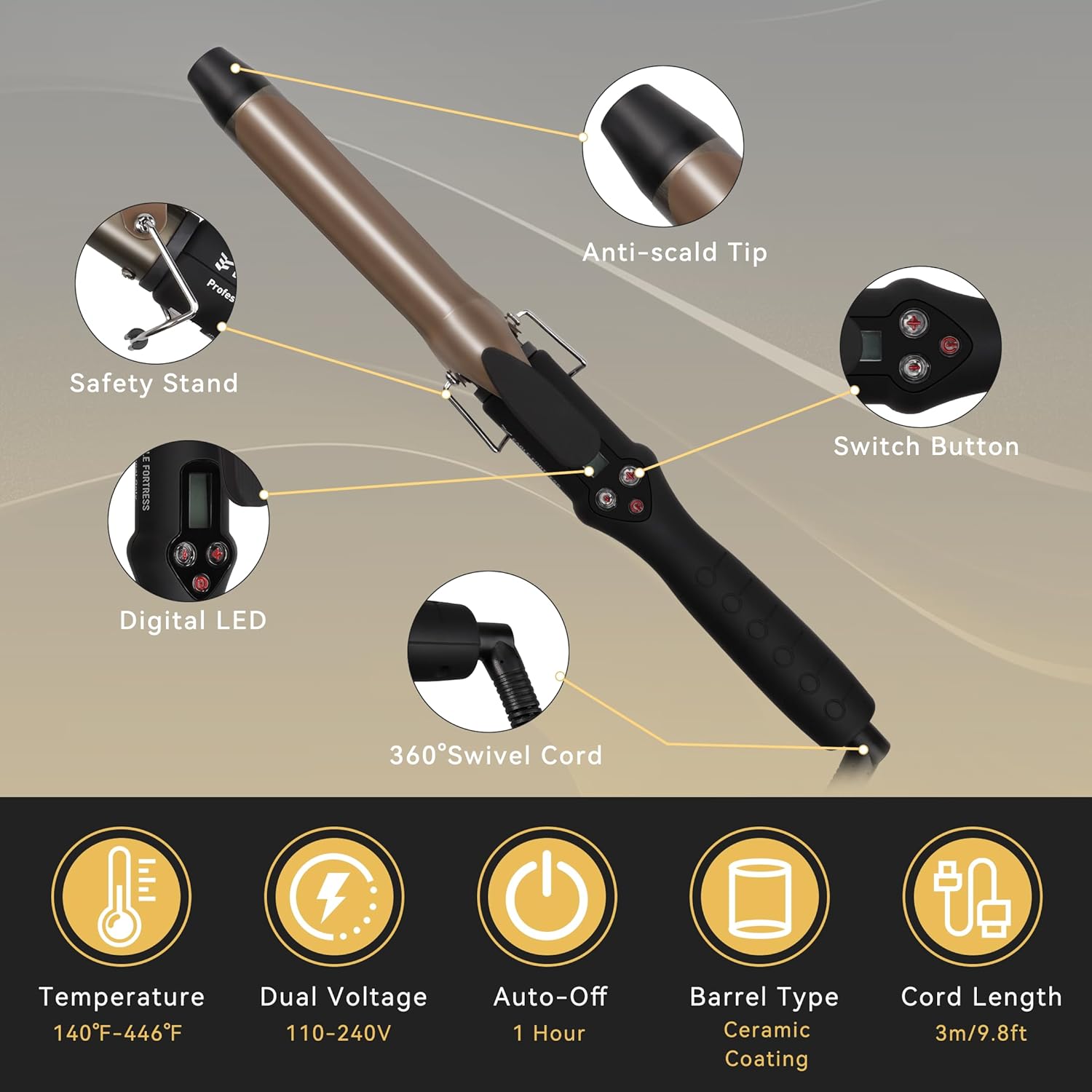 Eagle Fortress Pro Curling Iron 1" Ceramic Curling Wand JPA010 - Black