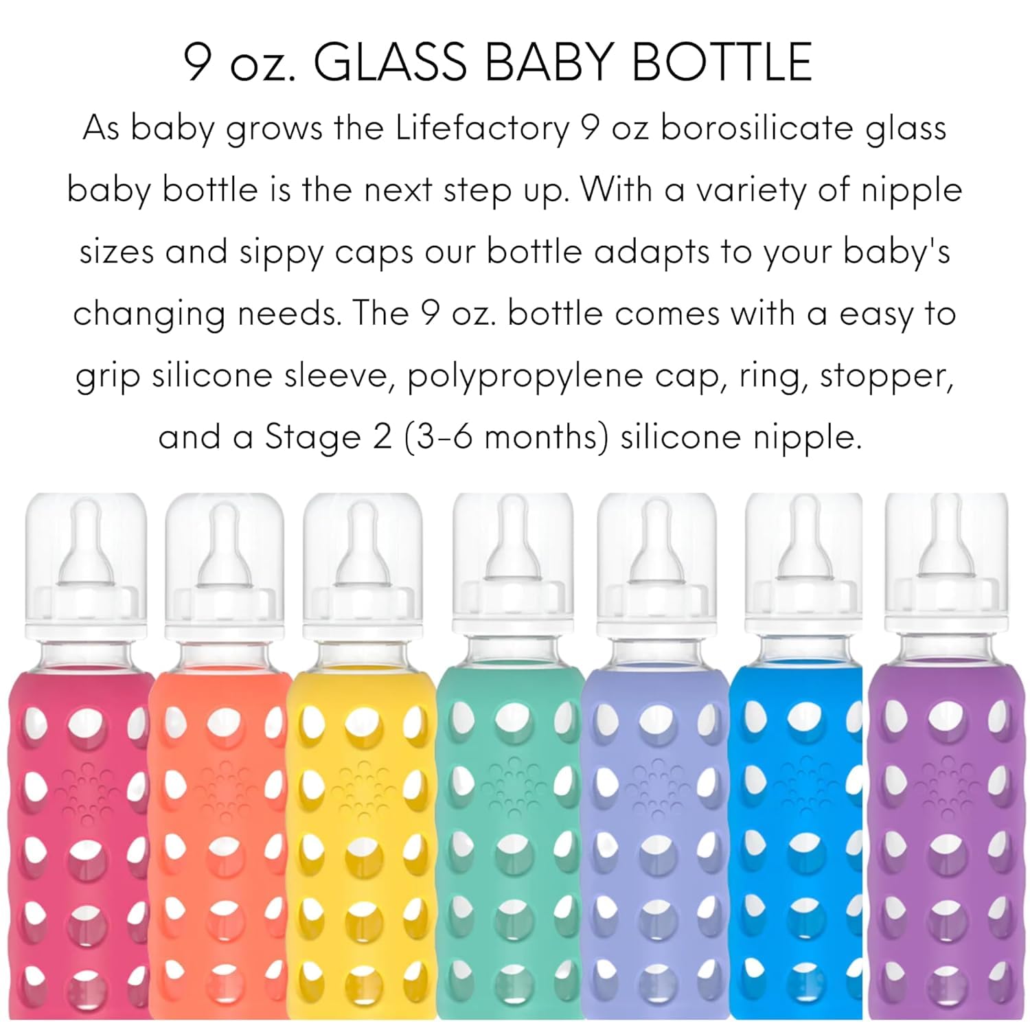 Lifefactory Glass Baby Bottles with Silicone Protection - 4-Pack, 9 oz Each Bottle (1- Raspberry, 1- Papaya, 1- Kale & 1- Grape)