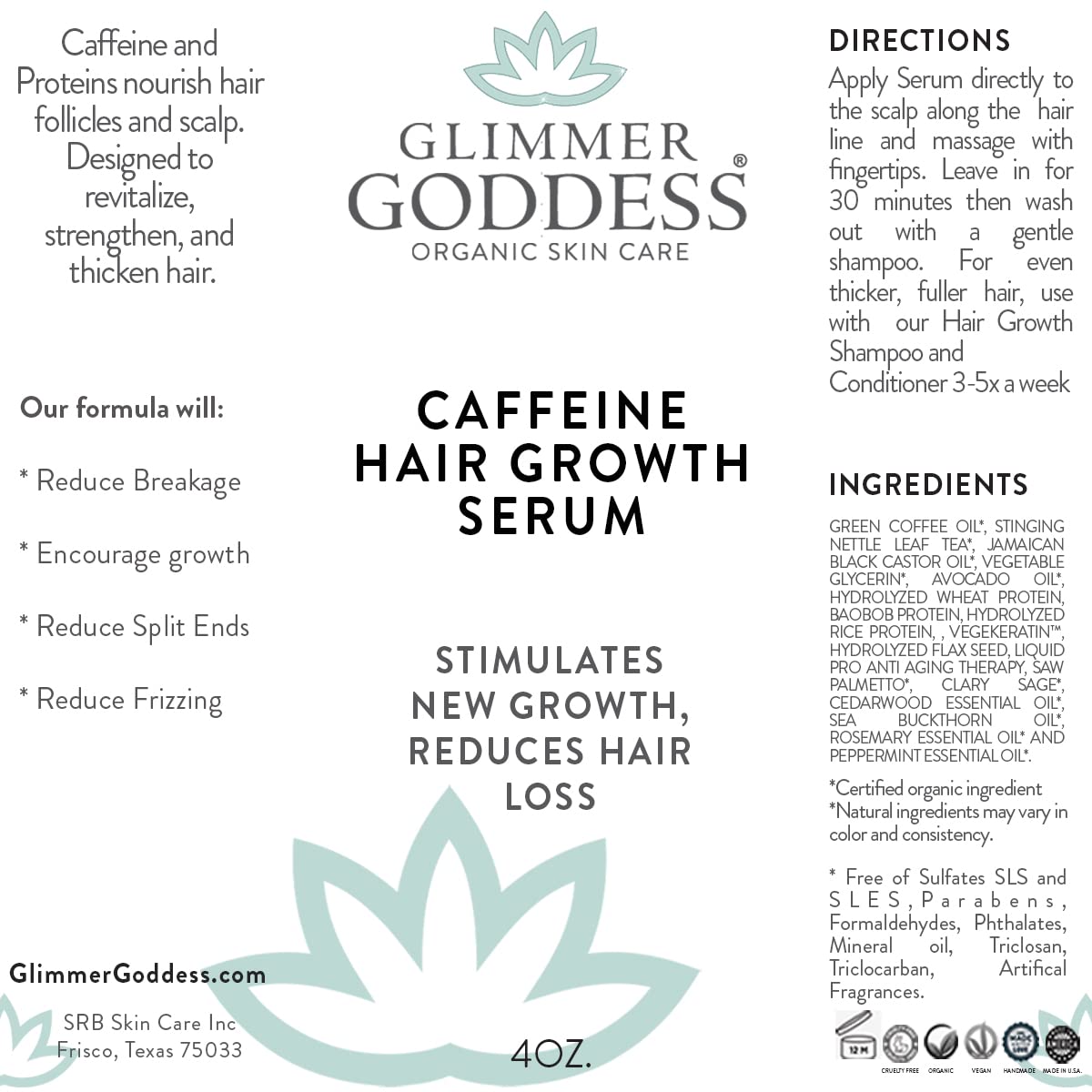 GLIMMER GODDESS Organic Caffeine Hair Growth Serum, Hair Loss Treatment 4oz