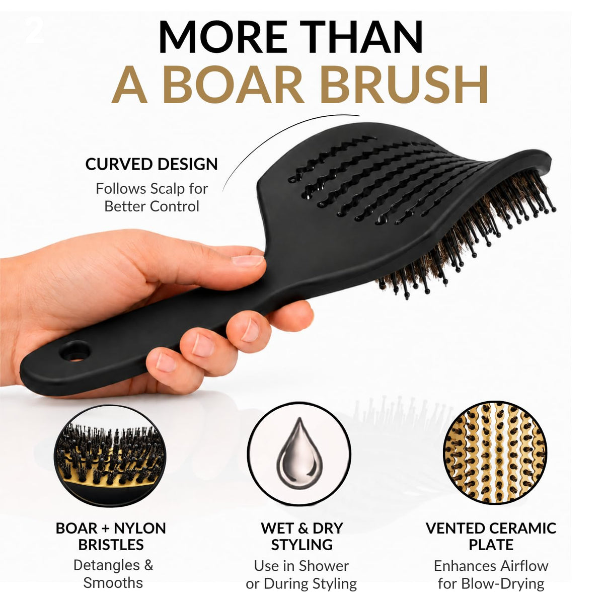 Curved Vented for Blow Drying - Boar Bristle Brush with Comfortable Handle - Soft Bristle Brush for Thick and Fine Hair - Natural Boar Bristles for Women, Men & Kids - Grey