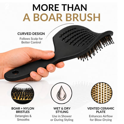 Curved Vented for Blow Drying - Boar Bristle Brush with Comfortable Handle - Soft Bristle Brush for Thick and Fine Hair - Natural Boar Bristles for Women, Men & Kids - Grey