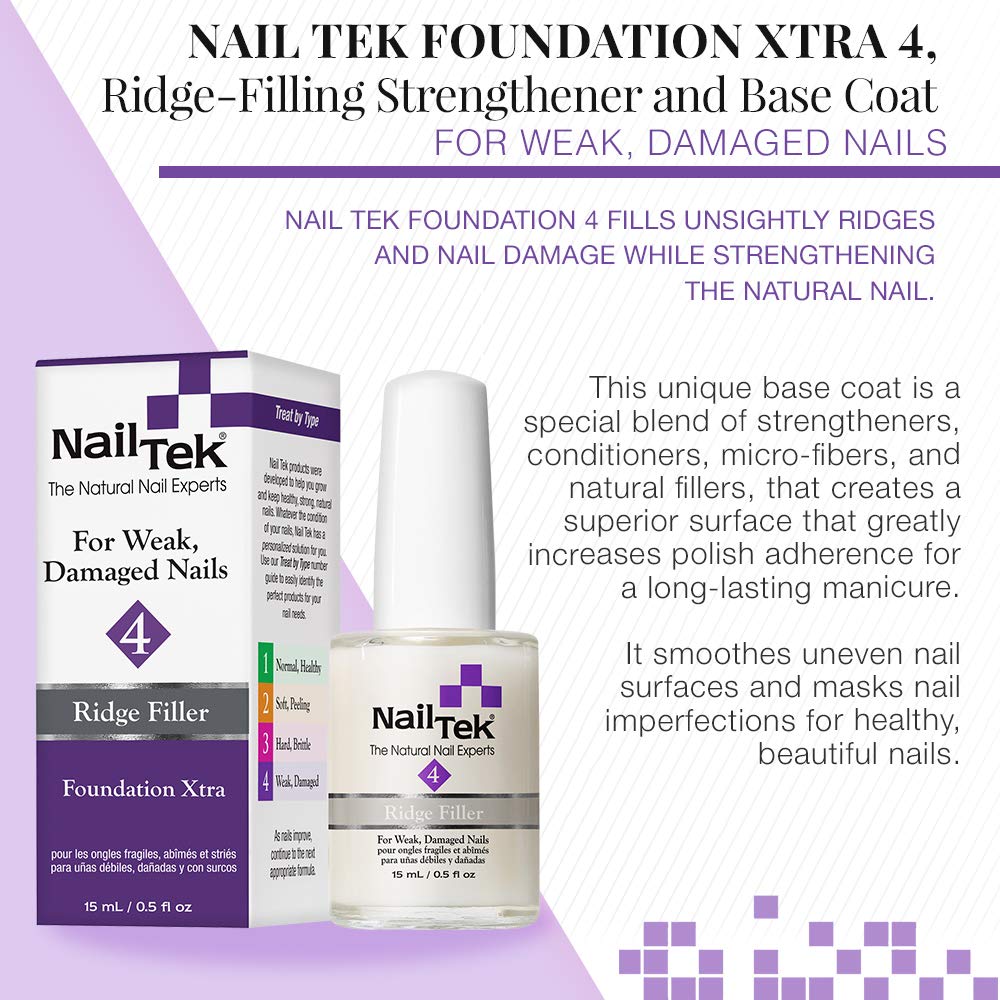 Nail Tek Foundation Xtra 4 Ridge Filling Strengthening Base Coat for Weak and Damaged Nails 0.5 oz