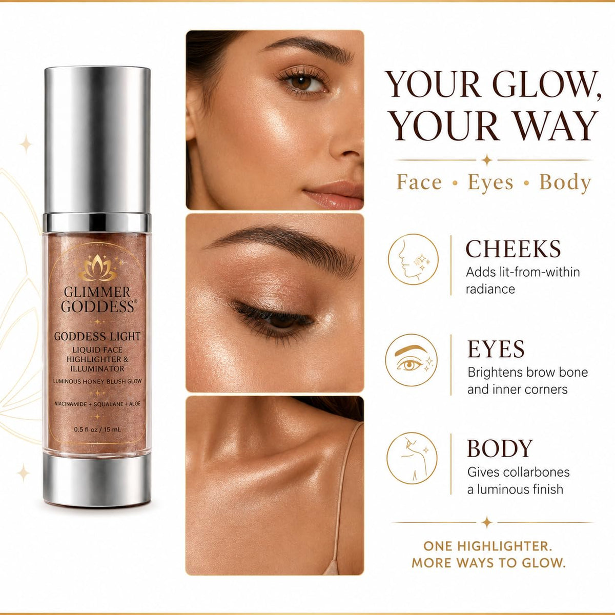 Glimmer Goddess Liquid Face Highlighter, Sheer Champagne-Gold Luminous Finish, for All Skin Tones, Buildable Illuminating Glow 15ML