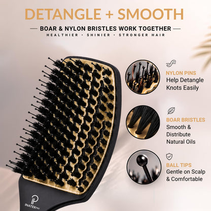 Curved Vented for Blow Drying - Boar Bristle Brush with Comfortable Handle - Soft Bristle Brush for Thick and Fine Hair - Natural Boar Bristles for Women, Men & Kids - Grey