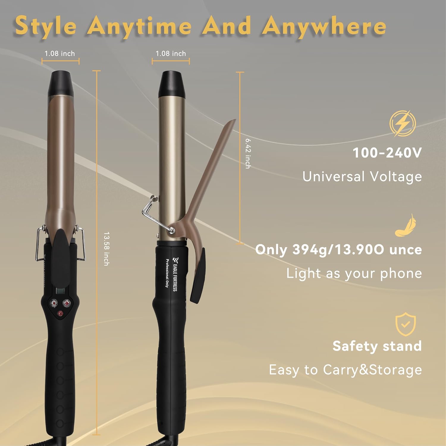 Eagle Fortress Pro Curling Iron 1" Ceramic Curling Wand JPA010 - Black