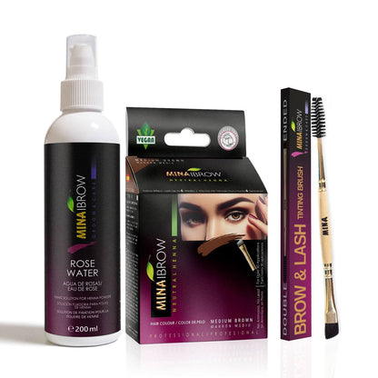Mina IBrow Instant Hair Dye Kit Medium Brown with Rose Water 200ml & Duo Angled Brush