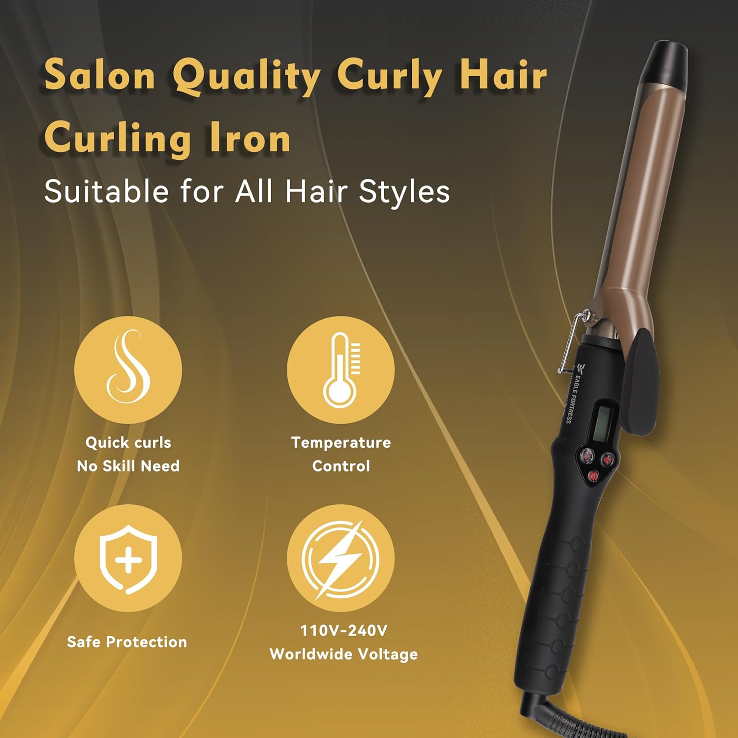 Eagle Fortress Pro Curling Iron 1" Ceramic Curling Wand JPA010 - Black