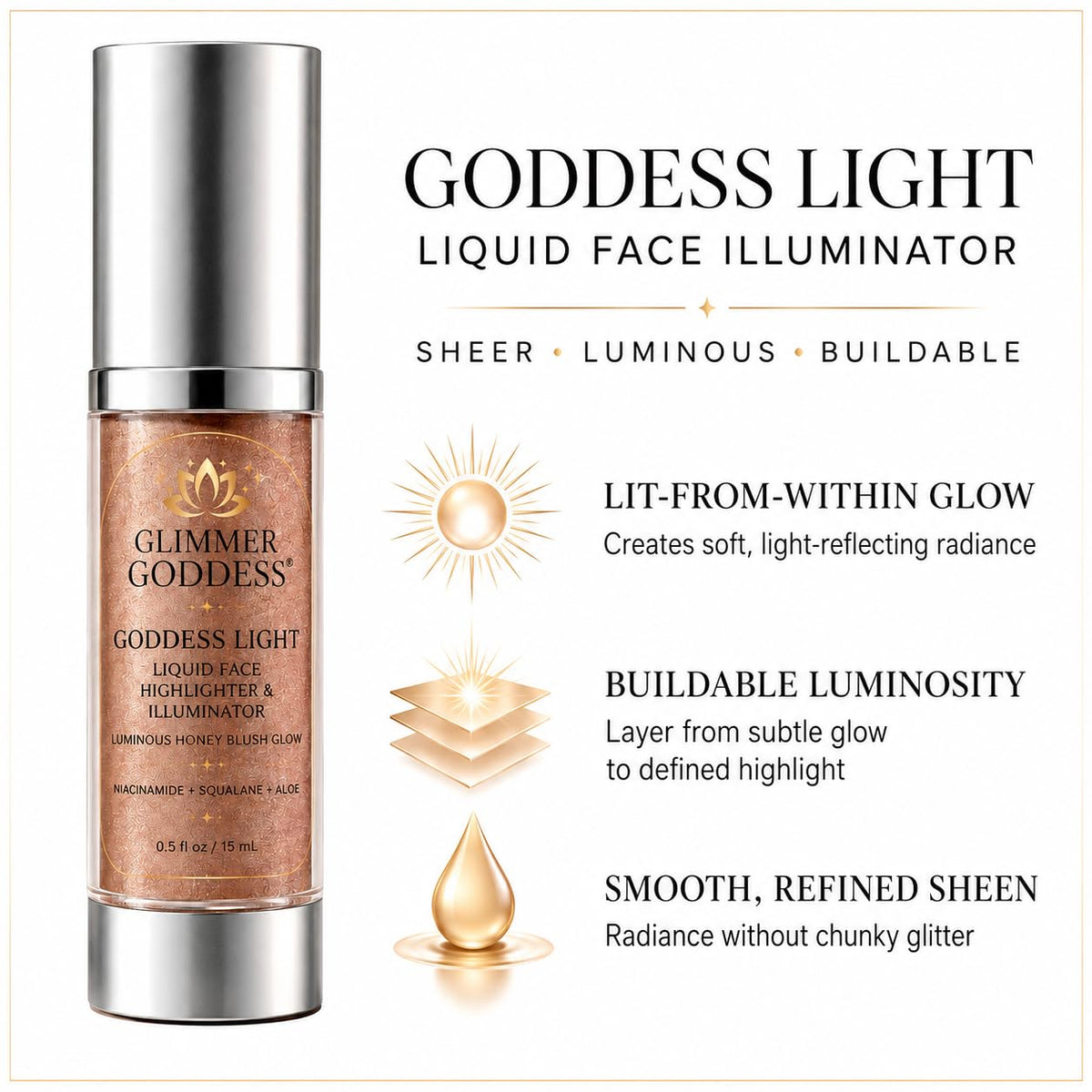 Glimmer Goddess Liquid Face Highlighter, Sheer Champagne-Gold Luminous Finish, for All Skin Tones, Buildable Illuminating Glow 15ML