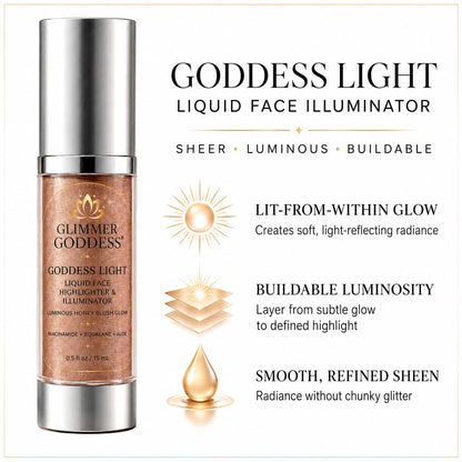 Glimmer Goddess Liquid Face Highlighter, Sheer Champagne-Gold Luminous Finish, for All Skin Tones, Buildable Illuminating Glow 15ML