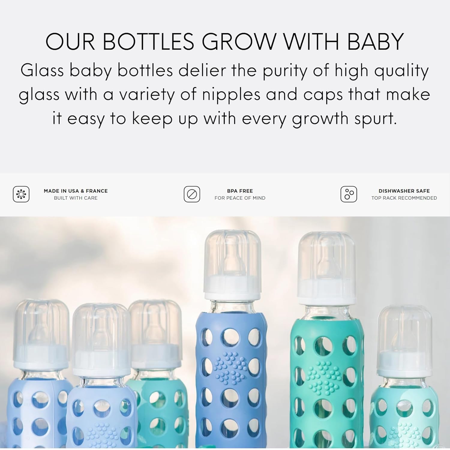 Lifefactory Glass Baby Bottles with Silicone Protection - 2-Pack, 9 oz Bottles, Mango & Kale