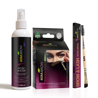 Mina IBrow Instant Hair Dye Kit with Rose Water 200 ml & Duo Angled Brush, Dark Brown