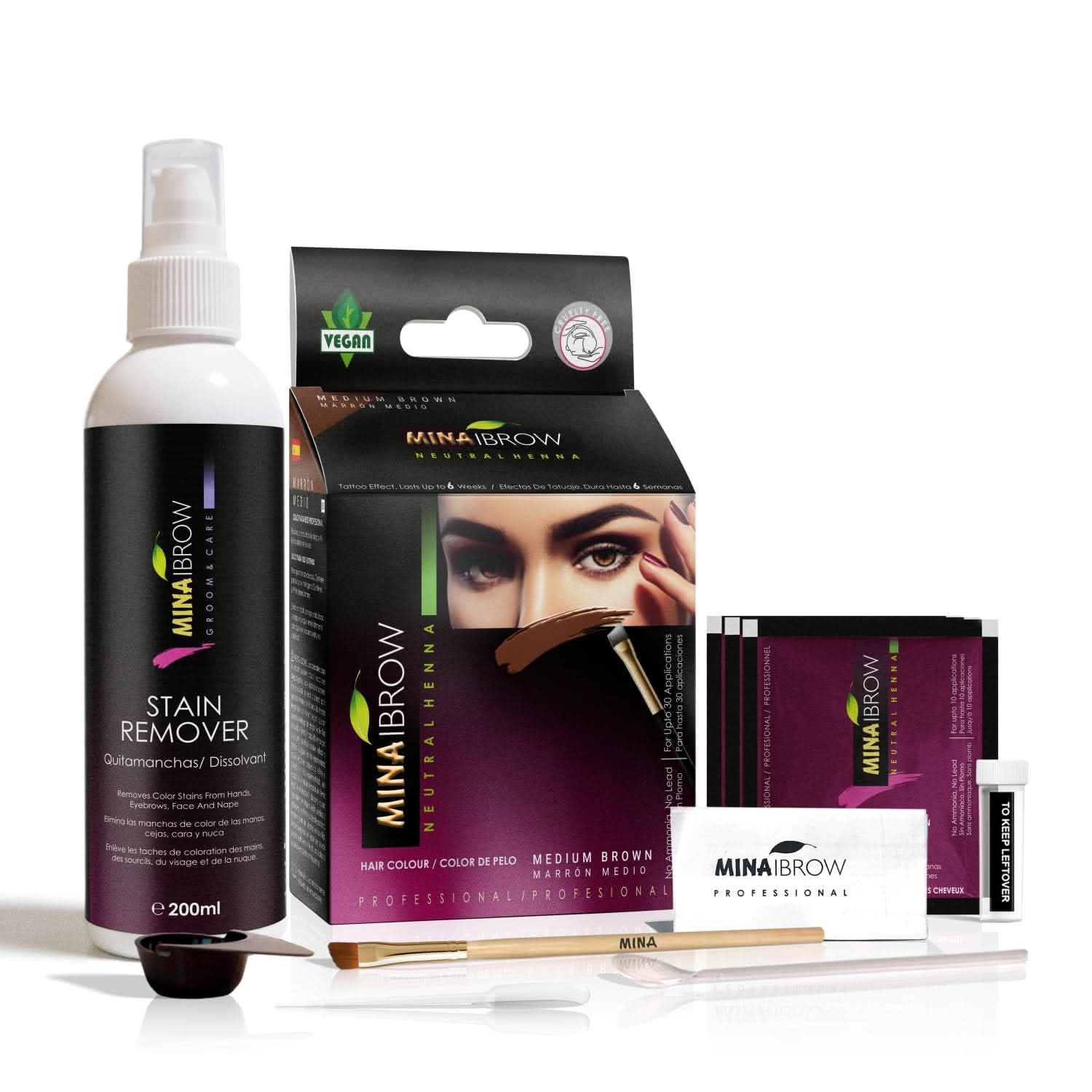 Mina IBrow Instant Hair Dye Kit Medium Brown with Stain Remover 200ml