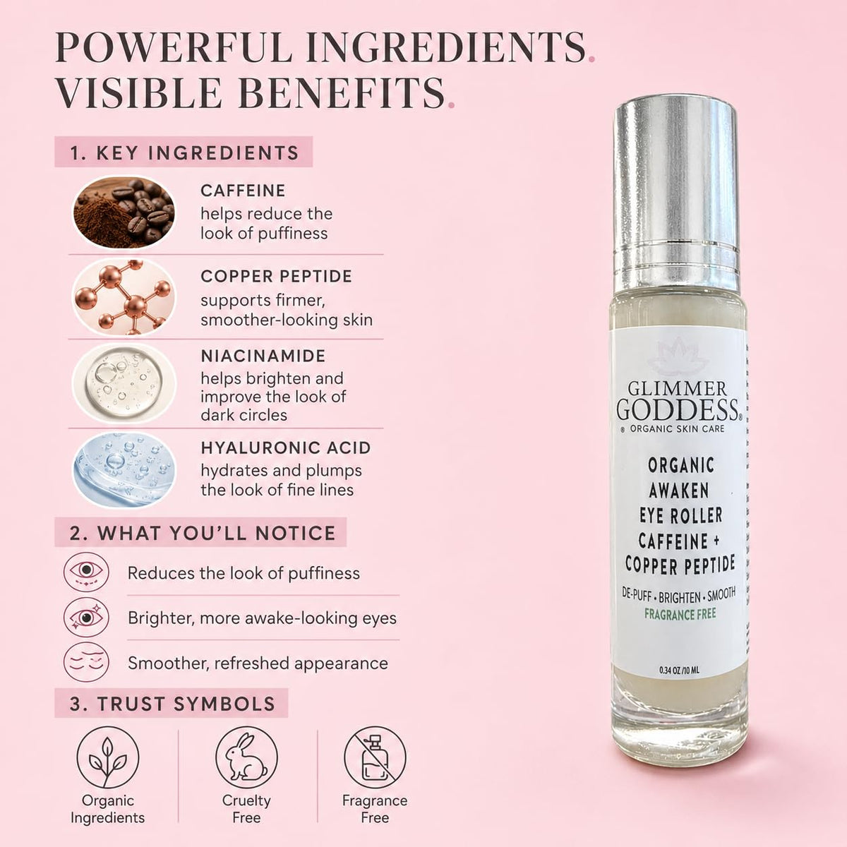 Glimmer Goddess Awaken Eye Ritual Under Eye Roller with Caffeine, Copper Peptide, Niacinamide and Hyaluronic Acid for Puffiness and Dark Circles, Fragrance-Free, Stainless Steel
