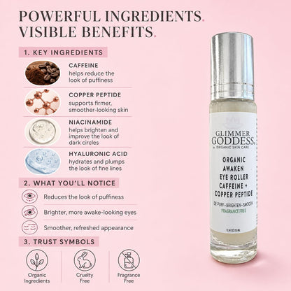 Glimmer Goddess Awaken Eye Ritual Under Eye Roller with Caffeine, Copper Peptide, Niacinamide and Hyaluronic Acid for Puffiness and Dark Circles, Fragrance-Free, Stainless Steel