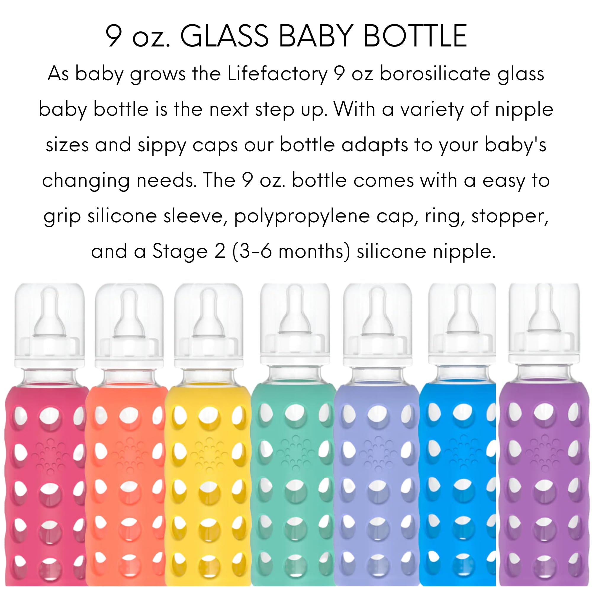 Lifefactory Glass Baby Bottles with Silicone Protection - 3-Pack, 9 Ounce Bottles, (1- Raspberry, 1- Grape & 1- Kale)